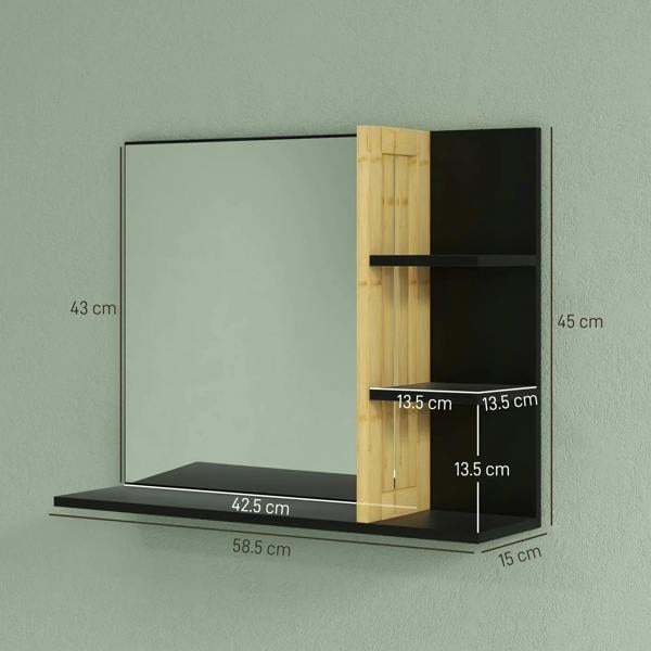 Bamboo bathroom mirror cabinet with black frame and side shelves, front open layout