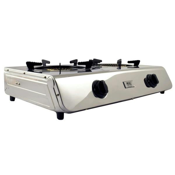 Portable gas stove with 2 burners on a white background