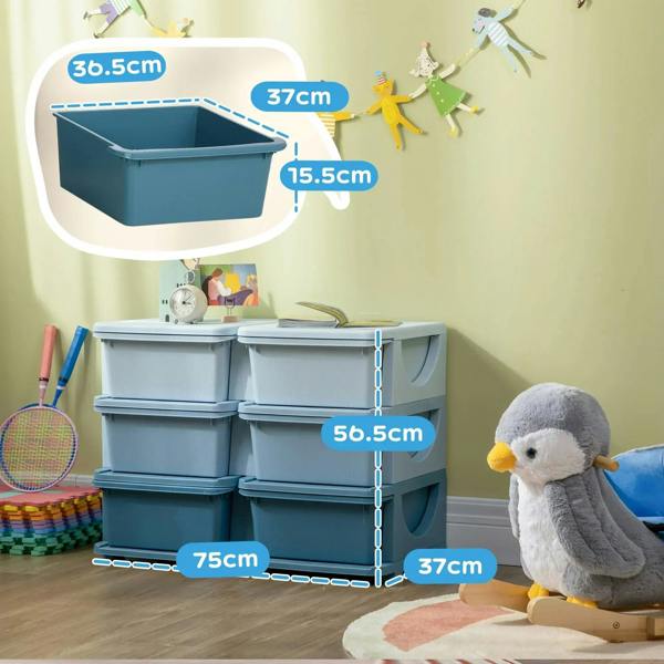 Blue kids storage unit with six stackable drawers and top compartments