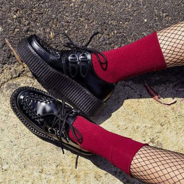 TUK Footwear TUK Viva High Creeper Black Leather Platform Lace-Up Goth Shoes - AV6802