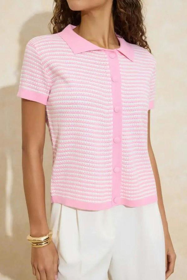 Hoxton Gal Striped Polo Neck Knit Mid-Length Blouse