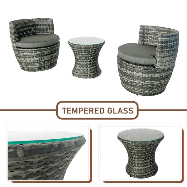 Furniture One 3-piece Outdoor Rattan Bistro Set with Cushion and Glass Top Coffee Table, 2 Seater Garden Vase Chair Table and Chair Set - Gray