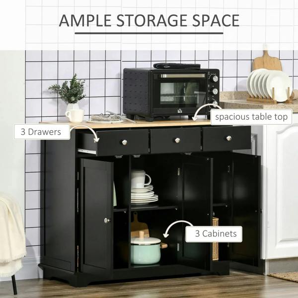 Open black sideboard with multiple drawers and cabinet doors for tableware storage