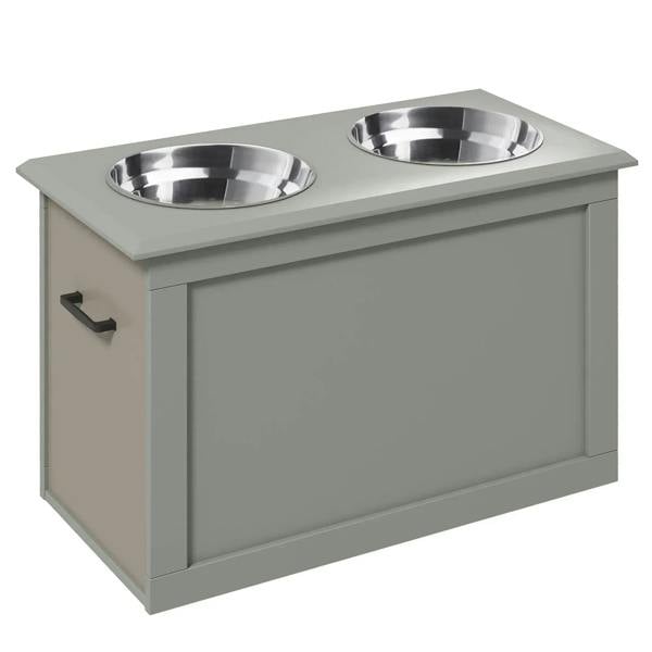 Grey raised dog bowl feeder with storage and two stainless steel bowls.
