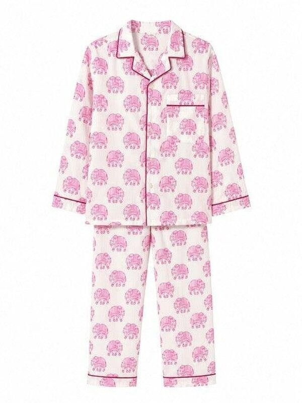 Kids Elephant print pyjamas in woodblock print cotton voile. Available in pink, blue & Green