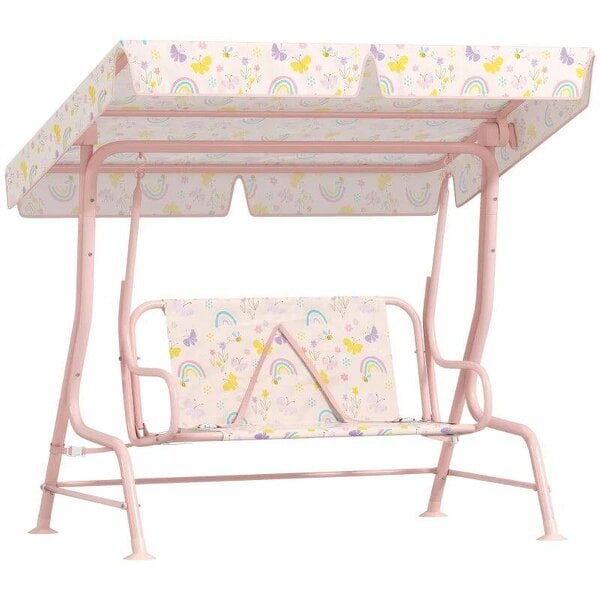 Kids Garden Swing Chair with Adjustable Canopy, Safety Belt, 2 Seater Hammock Swing Bench for Patio, Porch, Pink