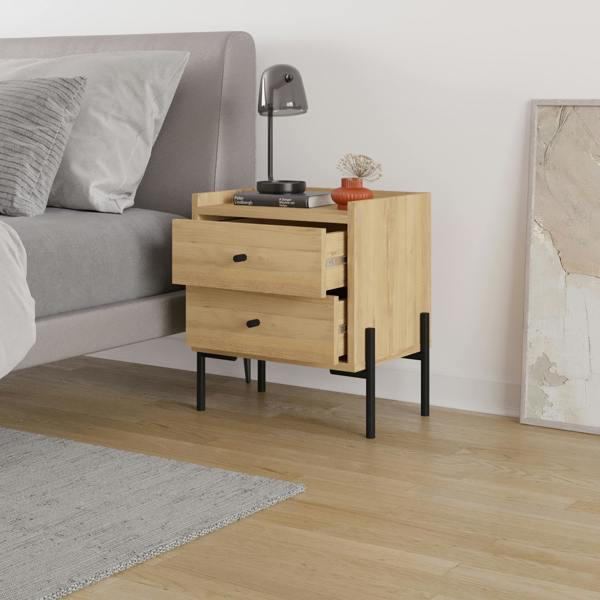 Decortie Modern Malta Nightstand w/ 2 Drawers Storage Cabinet Organiser Side Bedside Table Metal Legs 48.6(W)cm Bedroom, Home