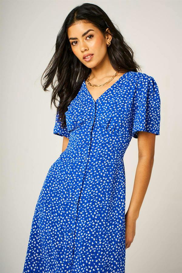 FS Collection Little Floral Print Button Front Midi Dress In Blue