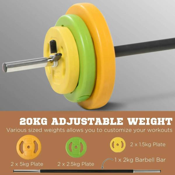 Adjustable barbell weight plates with orange and green disks on a black bar