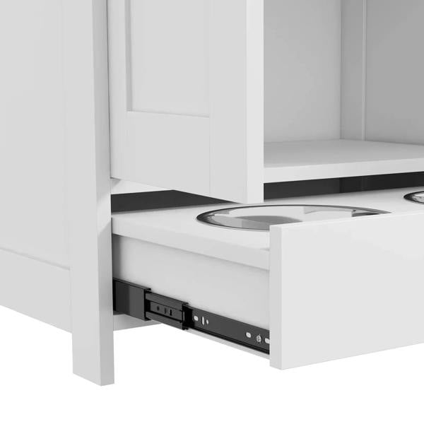 White feeding station with pull-out lower panel and two raised stainless bowls