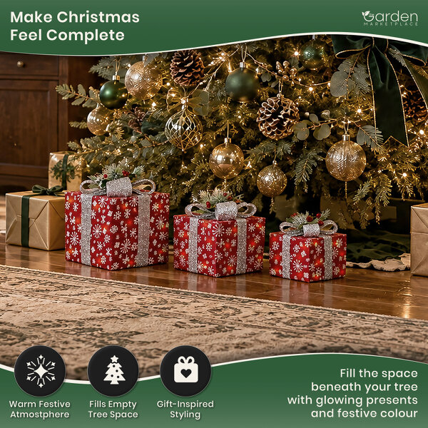 Set of 3 Lighted Red Sisal Christmas Parcels with Silver Bows, 35 White LEDs, Battery Powered, Festive Mantel & Tree Decoration