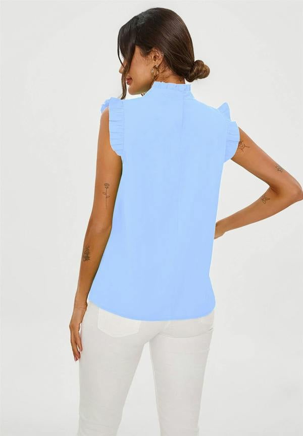 FS Collection Frill Trim Sleeve High Neck Blouse Top In Light Blue
