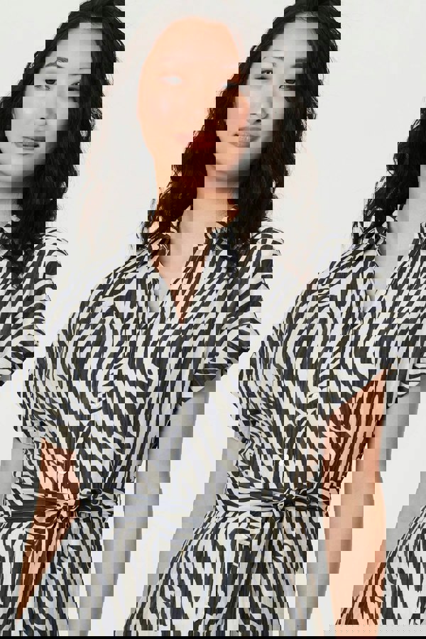 Black | Zebra Print Tie Waist Midi Shirt Dress
