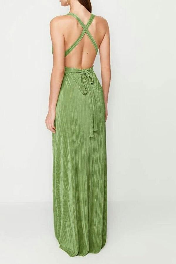 WOVCOR A-Line Belted Lined Knitted Long Elegant Evening Dress