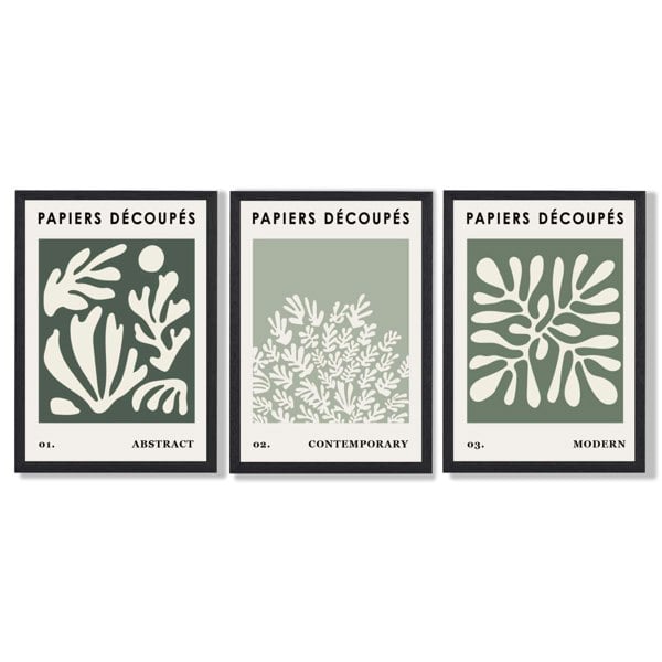 Matisse Floral Set of 3 in Green and Sage Framed Art Prints with Black Wooden Frames