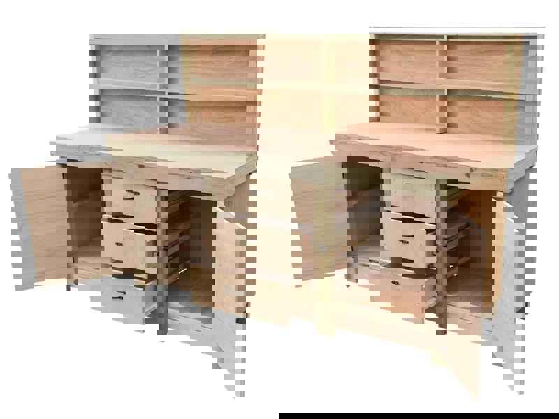 Arbor Garden Solutions Eucalyptus top workbench with drawers and double lockable cupboard (V.8) with back panel