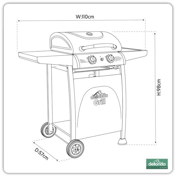 Dellonda 2 Burner Gas BBQ Grill with Piezo Ignition, Built-In Thermometer, Black/Stainless Steel - DG13