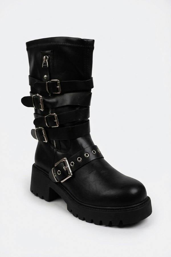 ikrush Pearl Faux Leather Multi Buckle Biker Boots