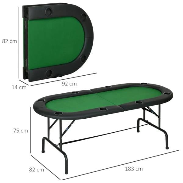 Green felt oval poker table with black folding metal legs and round cup-holder ports