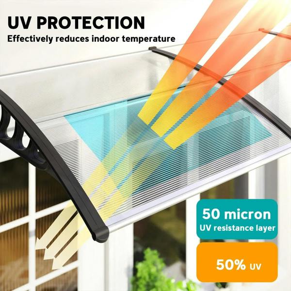 Clear awning panel with black frame and curved supports for outdoor door protection
