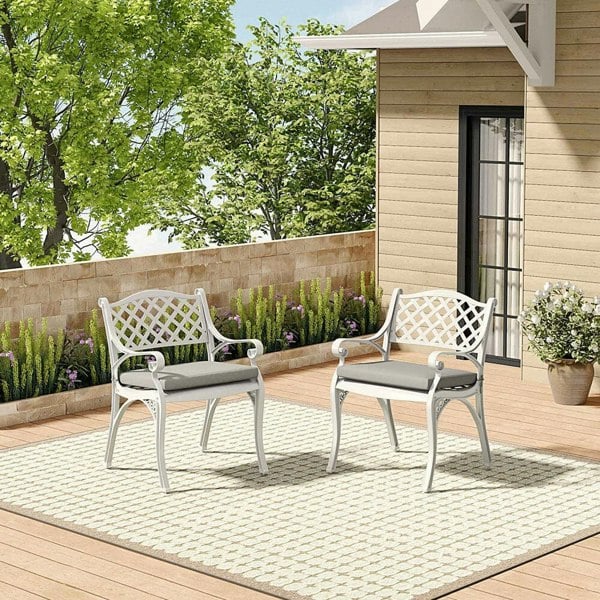 Set of 2 Garden Chairs Cast Aluminium Armchairs with Cushion Black/White Patio Side Chairs Living and Home