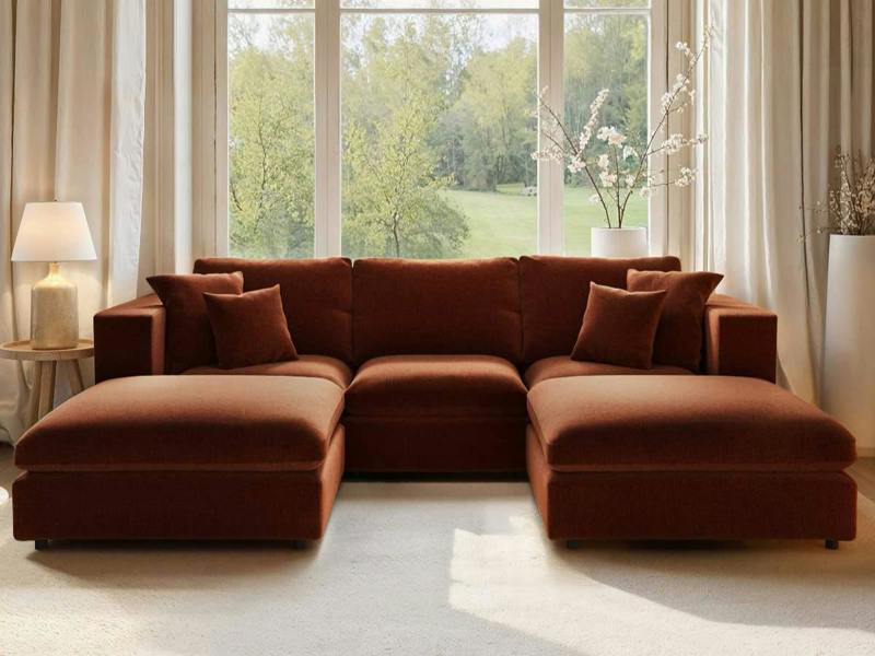 Asher U Shape Corner Sofa Bundle Burnt Orange Chenille
