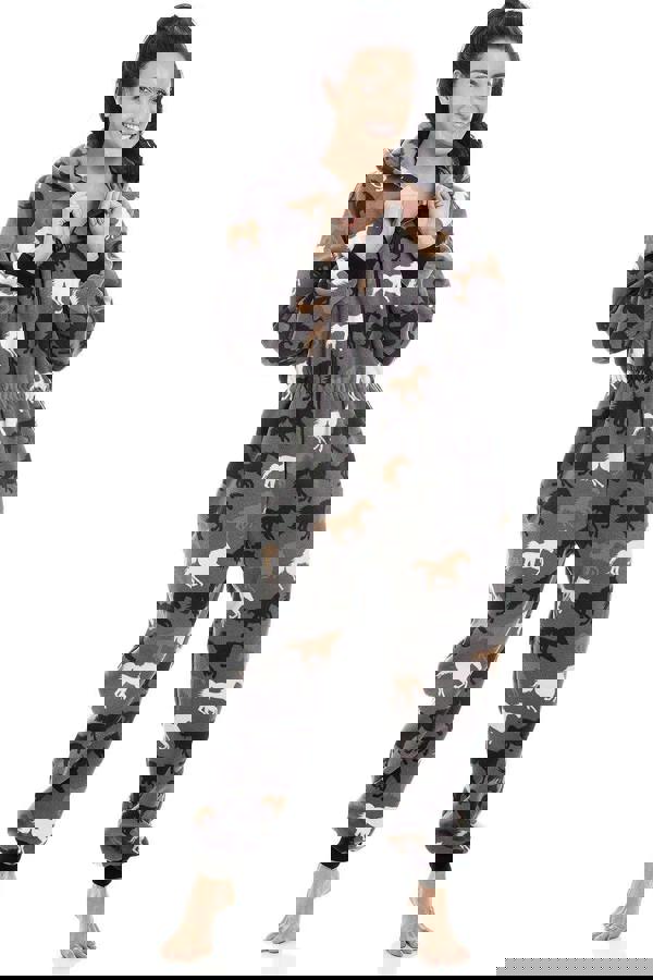 Camille Womens Supersoft Fleece Grey Horse Print All In One