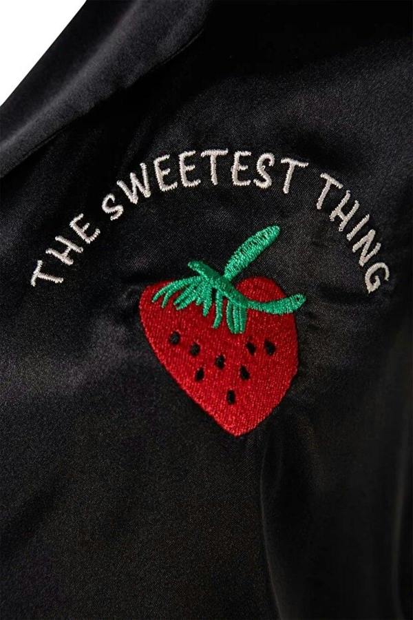 WOVCOR 2-Piece Woven Satin Pajama Set with Strawberry and Slogan Embroidery