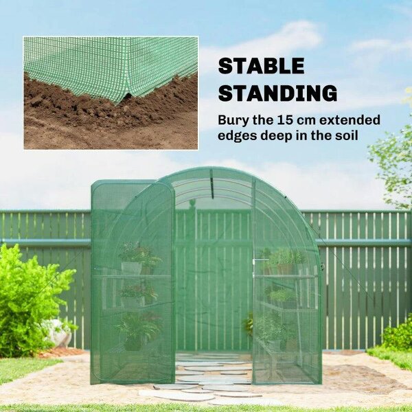 2 x 3 m Walk-in Polytunnel Greenhouse with Hinged Door and 6 Roll Up Mesh Windows, Garden Tunnel Warm House Tent, Green