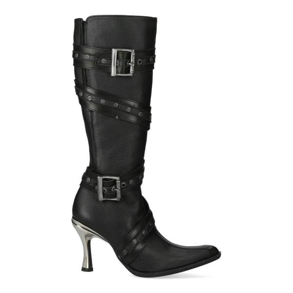New Rock Womens Black Leather Gothic Knee-High Heeled Boots - M-9029-C10