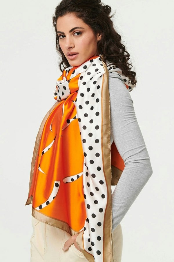 Orange | Polka Dot Border Print Shawl Scarf
