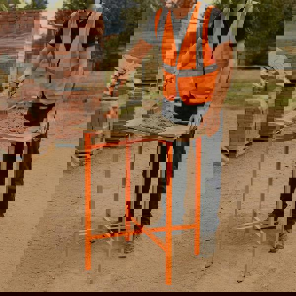 Mortar board stand in bright orange, 750mm high, supporting a trowel and wet mortar on a construction site with bricks in background