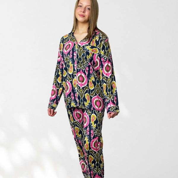Hayley & Co Ikat Print Cotton Long Pyjama Set in Navy Blue and Pink