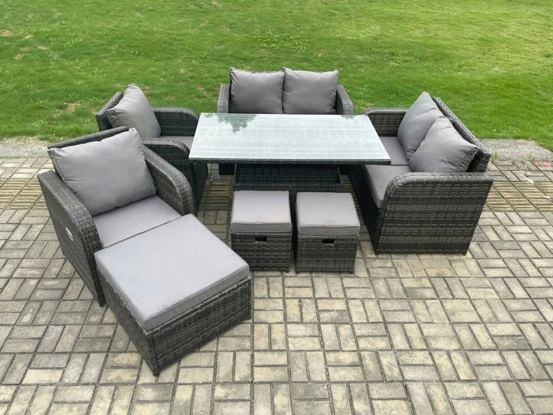 Fimous PE Rattan Garden Furniture Set Height Adjustable Rising lifting Dining Table With Love Sofa Chair 3 Footstools