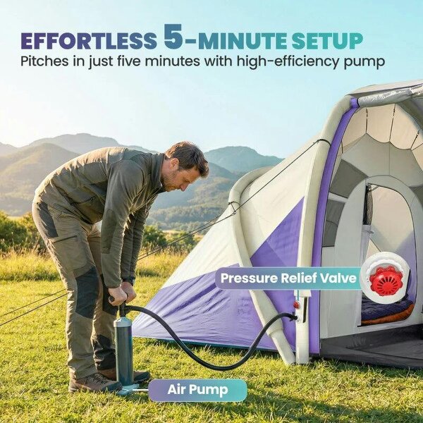 Inflatable Tent 2 Bedroom Tunnel Design Windproof Air Tent with Carry Bag for 4 Person