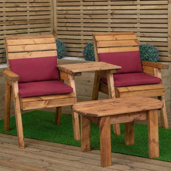 Samuel Alexander Hand Made 6 Seater Rustic Wooden Garden Furniture Set. Table, Bench, Chairs & Burgundy Cushions
