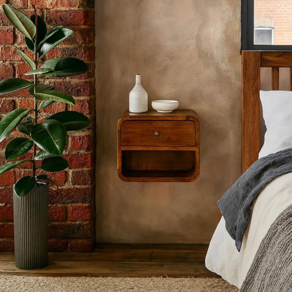 Wyld Haus Desenzano Mini Curve Mango Wood Floating Bedside Table with Drawer and Shelf