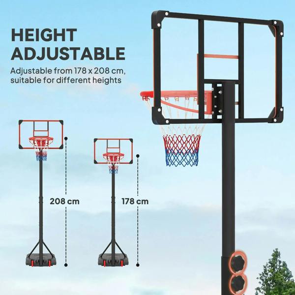 Red height-adjustable basketball hoop with net on black stand, multiple height settings