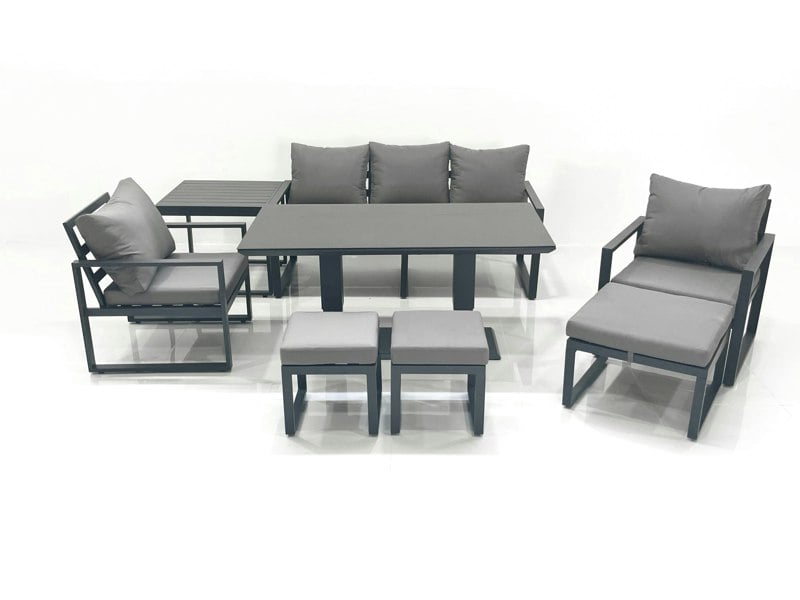 Fimous 8 Seater Aluminium Outdoor Garden Furniture Set with Adjustable Rising Dining Table 3 Seater Sofa 2 Chair 3 Footstool Side Table Dark Grey