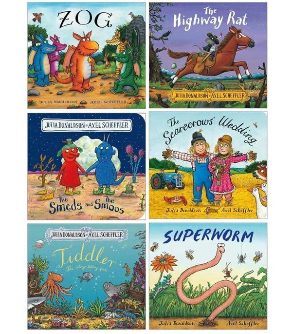 Julia Donaldson 6 Board Books Collection Set (The Highway Rat, Superworm, Zog, Tiddler, The Smeds and The Smoos, The Scarecrows Wedding)