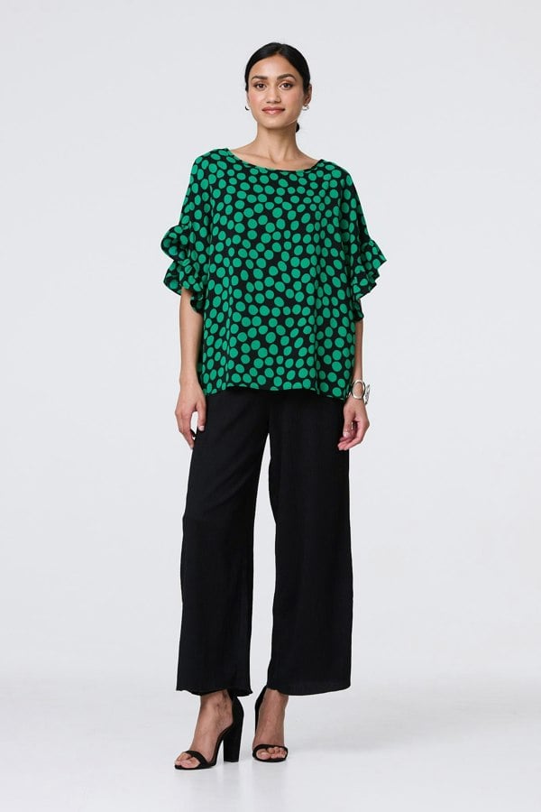Green | Polka Dot Frilled 1/2 Sleeve Blouse
