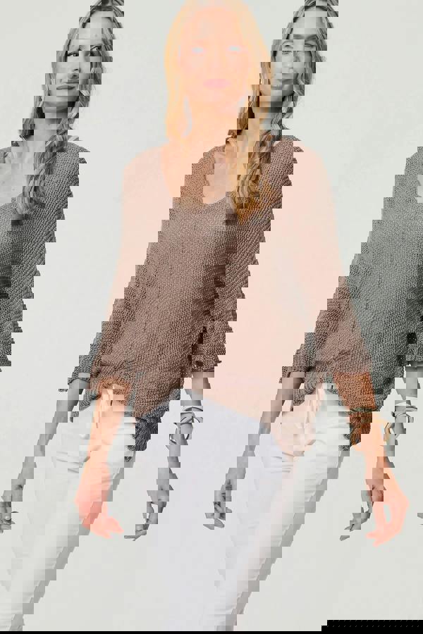 Brown | Sheer Mesh Texture 3/4 Sleeve Jumper