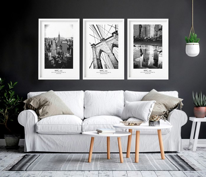 White and black art | set of 3 New York living room wall art