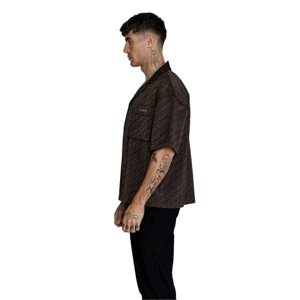 SikSilk Mens Geometric Relaxed Fit Short-Sleeved Shirt - Brown - 