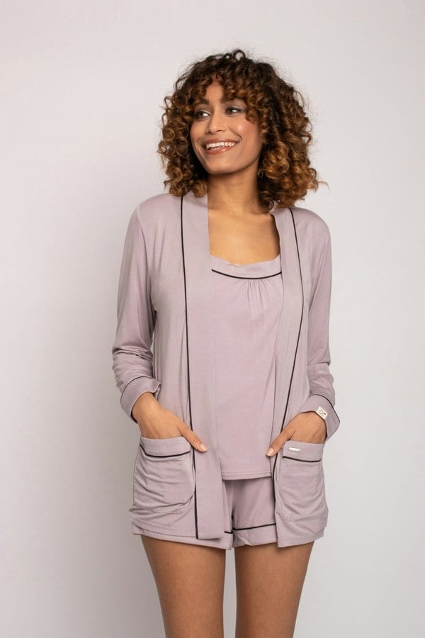 Women's Bamboo Nightwear Jacket in Oyster with contrasting piping from Pretty You London