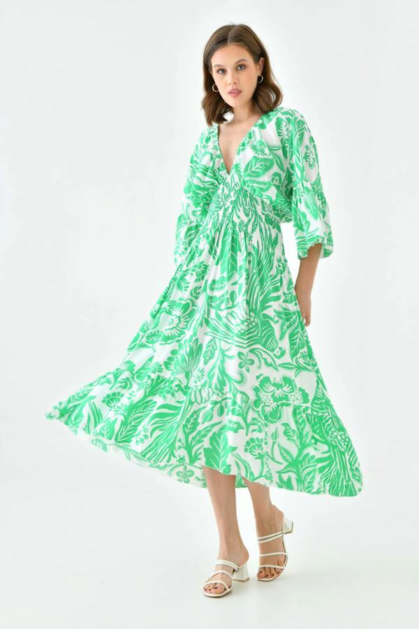 Hoxton Gal Oversized Flutter Sleeves Shirred Waist V Neck Midi Dress with Floral Print in Green and White