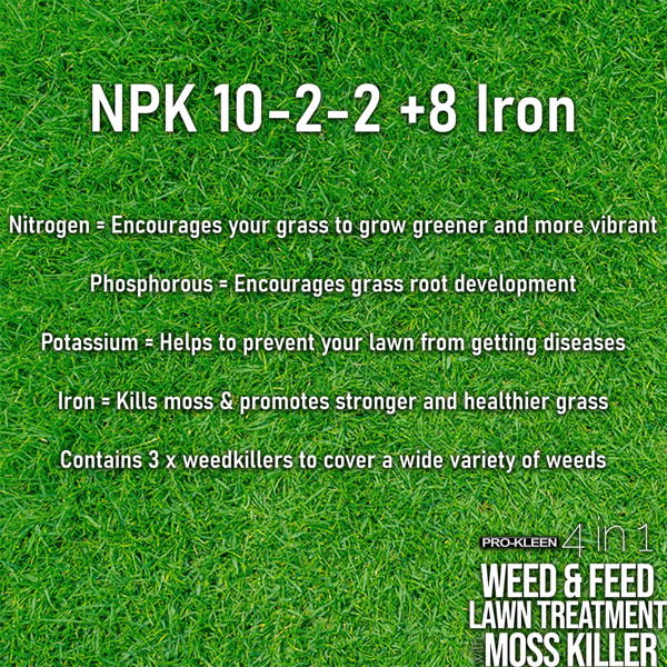 ProKleen Pro-Kleen 4 in 1 Weed and Feed Lawn Treatment with Moss Killer - Greens Grass, Kills Weeds & Moss & Fertilises Grass 10kg