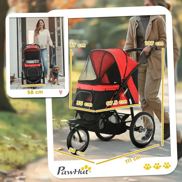 Red pet stroller with mesh canopy and black body, shown with size measurement graphics