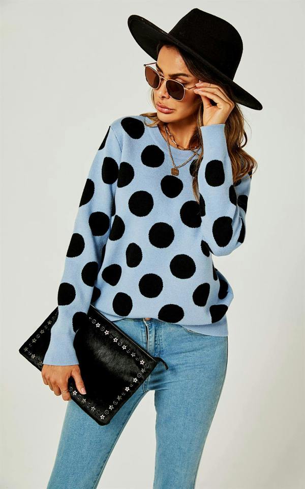 FS Collection Comfy Knit Black Polka Dot Pattern Jumper Top In Blue
