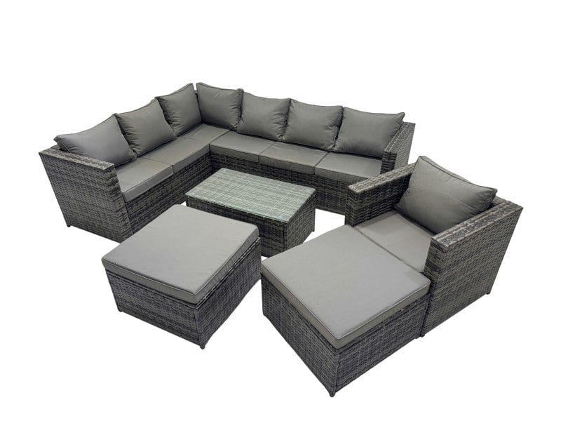 Fimous Outdoor Rattan Rectangular Coffee Table Corner Sofa Setss Garden Furniture Sets with 2 Big Stools Dark Grey Mixed